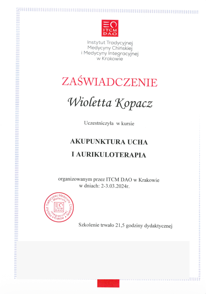 Zanonimizowany dokument: Akupunktura ucha i aurikuloterapia
