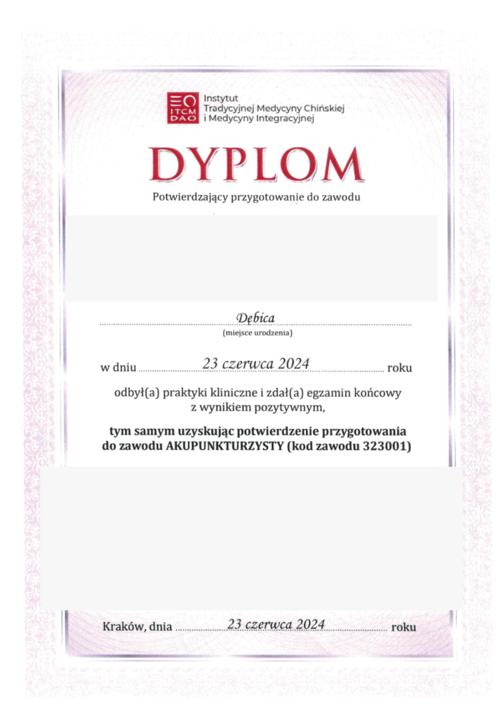 Zanonimizowany dokument: Dyplom potwierdzający przygotowanie do zawodu akupunkturzysty