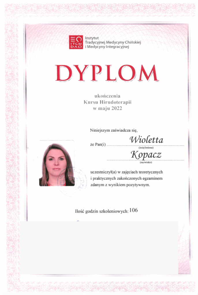 Zanonimizowany dokument: Dyplom ukończenia Kursu Hirudoterapii