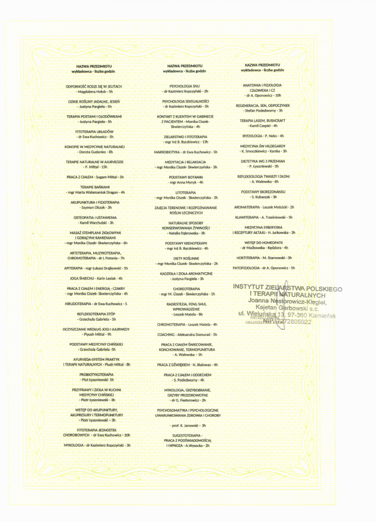 Zanonimizowany dokument: Program kursu zawodowego naturopata