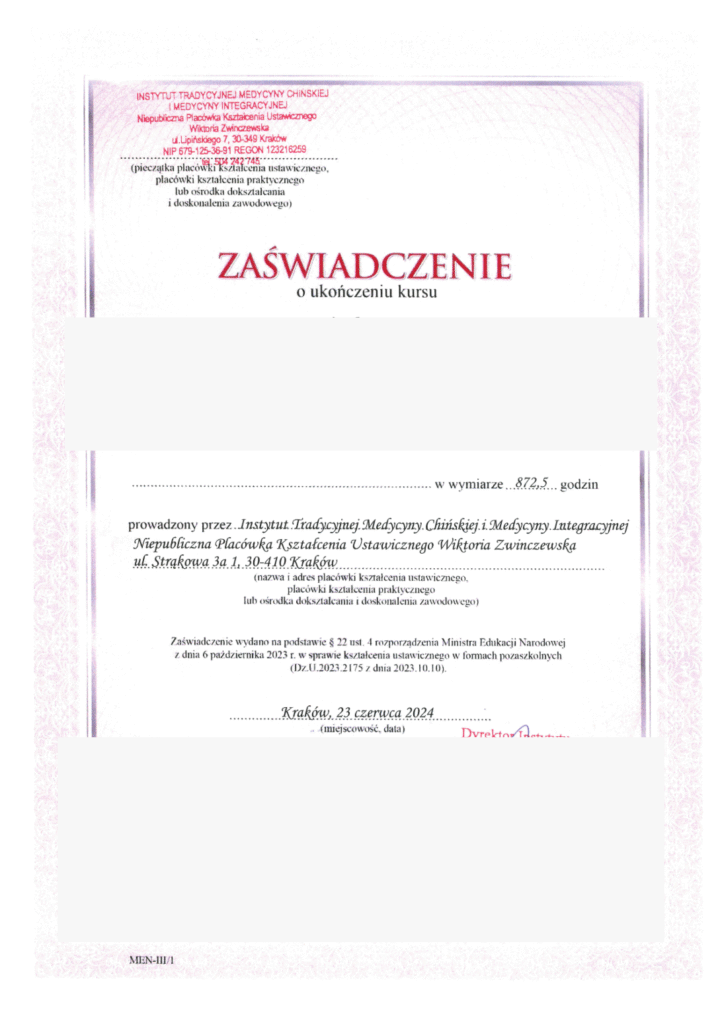 Zanonimizowany dokument: Zaświadczenie: Szkoła Tradycyjnej Medycyny Chińskiej i Akupunktury