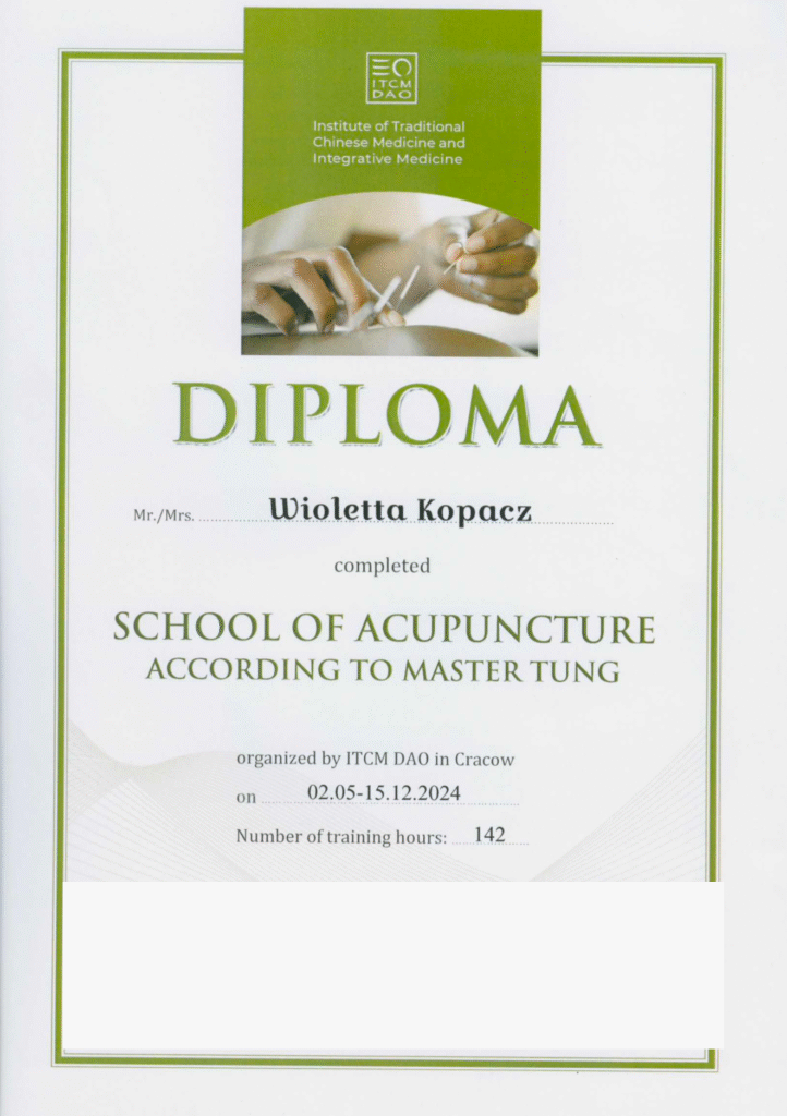 Zanonimizowany dokument: Dyplom: School of Acupuncture According to Master Tung