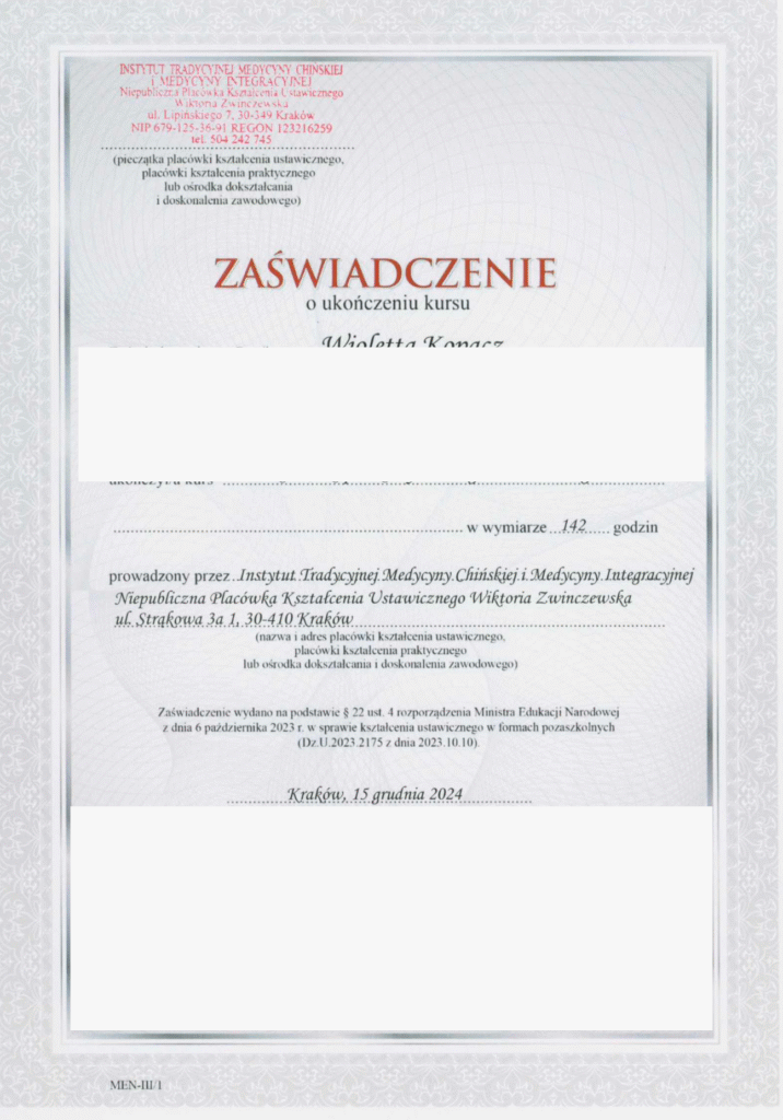 Zanonimizowany dokument: Zaświadczenie: Szkoła Akupunktury według Mistrza Tunga